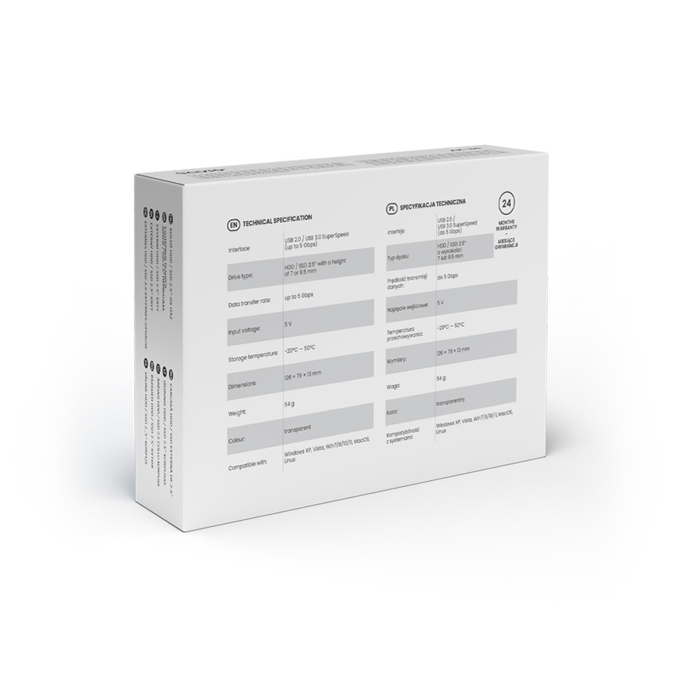 Zewnętrzna obudowa na dysk HDD/SSD 2.5", USB 3.0, AK-66, transparentna