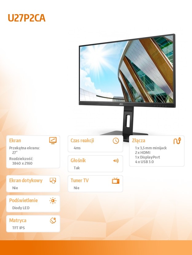 Monitor U27P2 27 IPS 4k HDMI DP USB Pivot