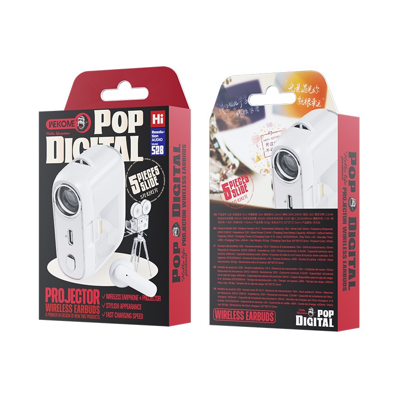 Słuchawki bezprzewodowe  S28 Pop Digital Series - Bluetooth V5.3 TWS z etui ładującym z funkcją projektora Białe