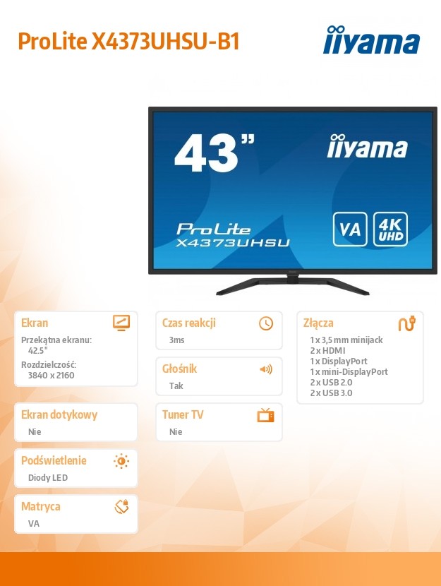 Monitor wielkoformatowy 43 cale X4373UHSU-B1 4K, VA, 2xHDMI, DP, mDP, 3ms, 2x7W, USBx4