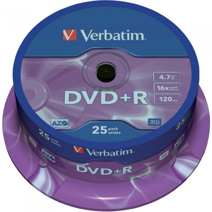 Płyta DVD+R VERBATIM AZO, 4,7GB, prędkość 16x, cake, 25szt., srebrny mat