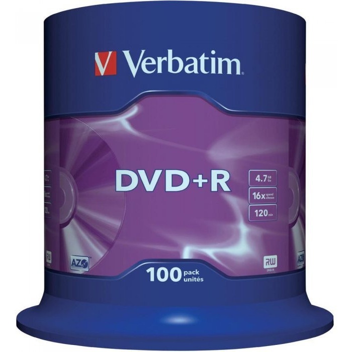 Płyta DVD+R VERBATIM AZO, 4,7GB, prędkość 16x, cake, 100szt., srebrny mat