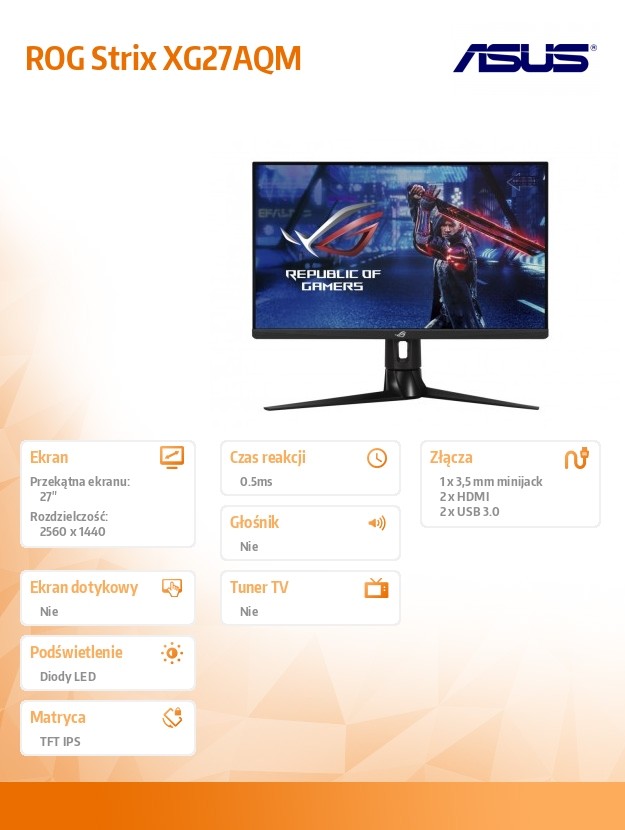 Monitor 27 cali XG27AQ ROG STRIX WQHD IPS 170Hz 1mGTG HDMIx2 DP USB3.0 Głośnik PIVOT