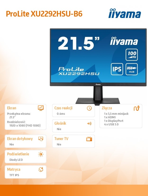 Monitor 21.5 cala ProLite XU2292HSU-B6 IPS,100Hz,FreeSync,SLIM,HDMI,DP,2x2W,  4xUSB(3.2),0.4ms