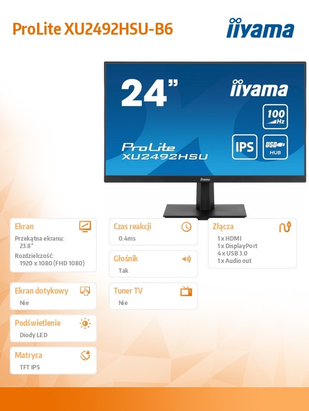 Monitor 23.8 cala XU2492HSU-B6 IPS,FHD,HDMI,DP,100Hz,4xUSB3.2,SLIM,2x2W