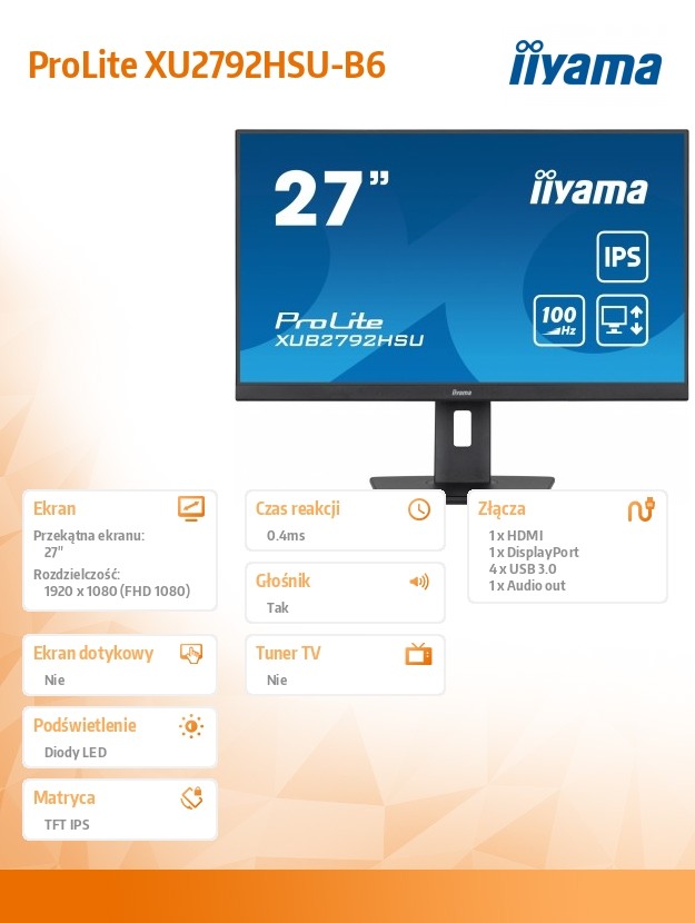 Monitor ProLite XUB2792HSU-B6 27 cali IPS,HDMI,DP,100Hz,SLIM,4xUSB3.2,PIVOT,  HAS(150mm),2x2W