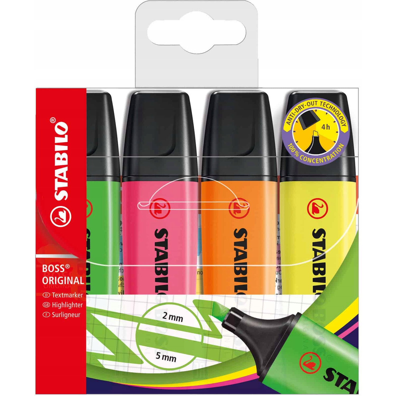 Zakreślacz STABILO BOSS 4szt. w etui z wieszaczkiem 70/4